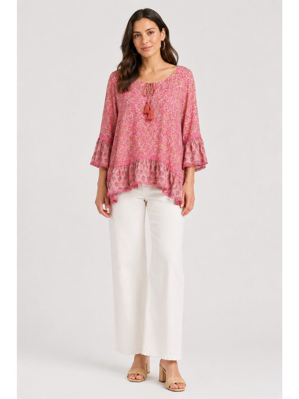 Naudic Womens Floral Hacienda Tunic Blouse Bell Sleeve Ruffled Size L Pink NWT